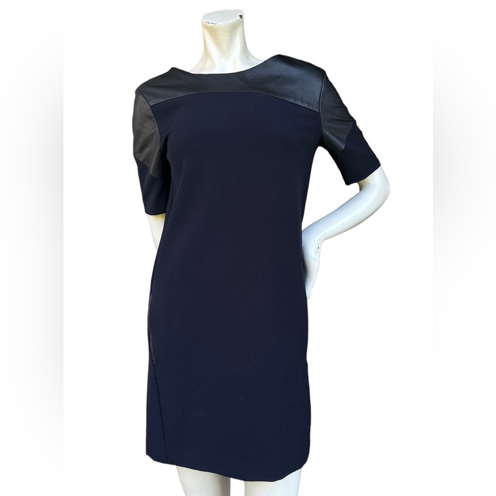 Maje Navy Blue Short Sleeve Mini Shift Dress with Black Leather Trim Size Small